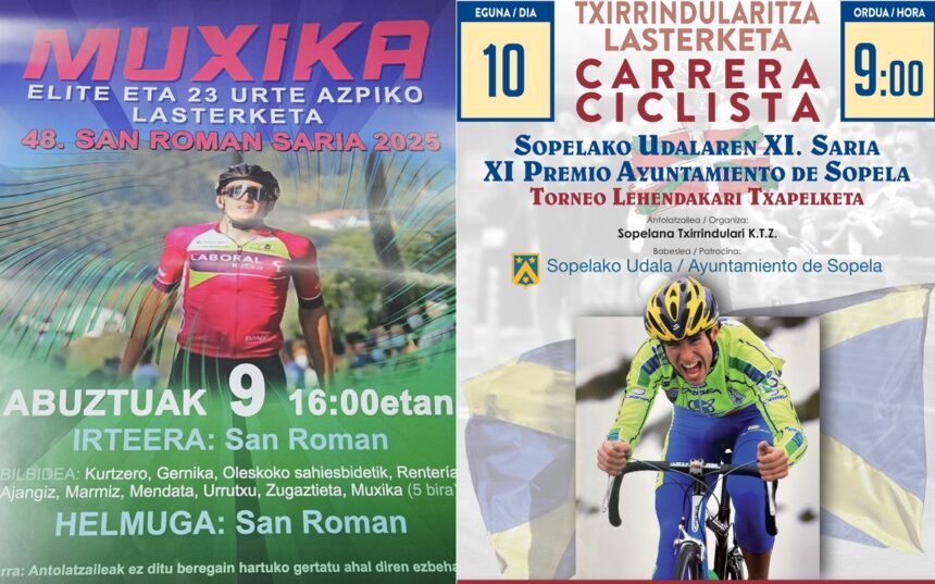 El Pelotón PREVIA | Doblete vizcaíno en Muxika y Sopela para iniciar el intenso mes de agosto del Torneo Lehendakari Carteles de las pruebas de Muxika y Sopela - Torneo Lehendakari 2025